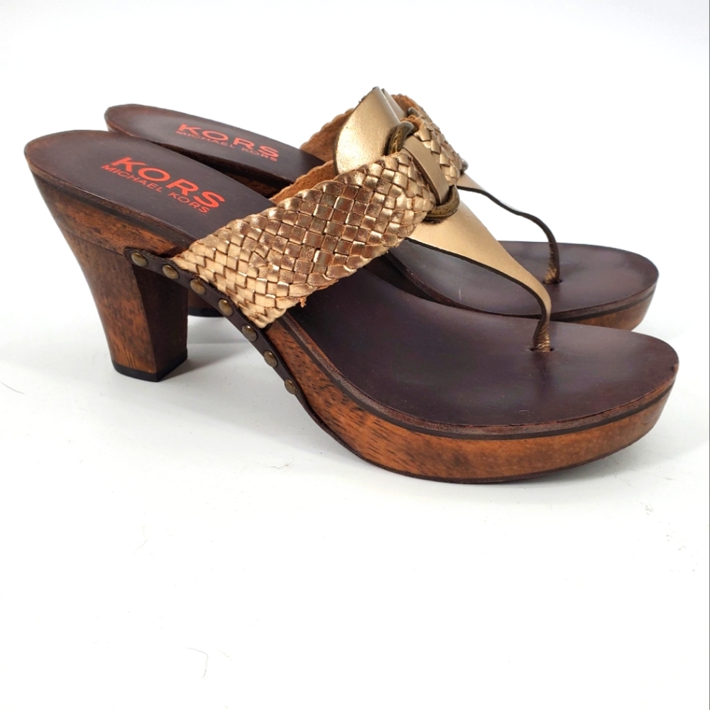 Kors by Michael Kors 89 M Wood Studded Woven Leather Strap platform Heel Sandal